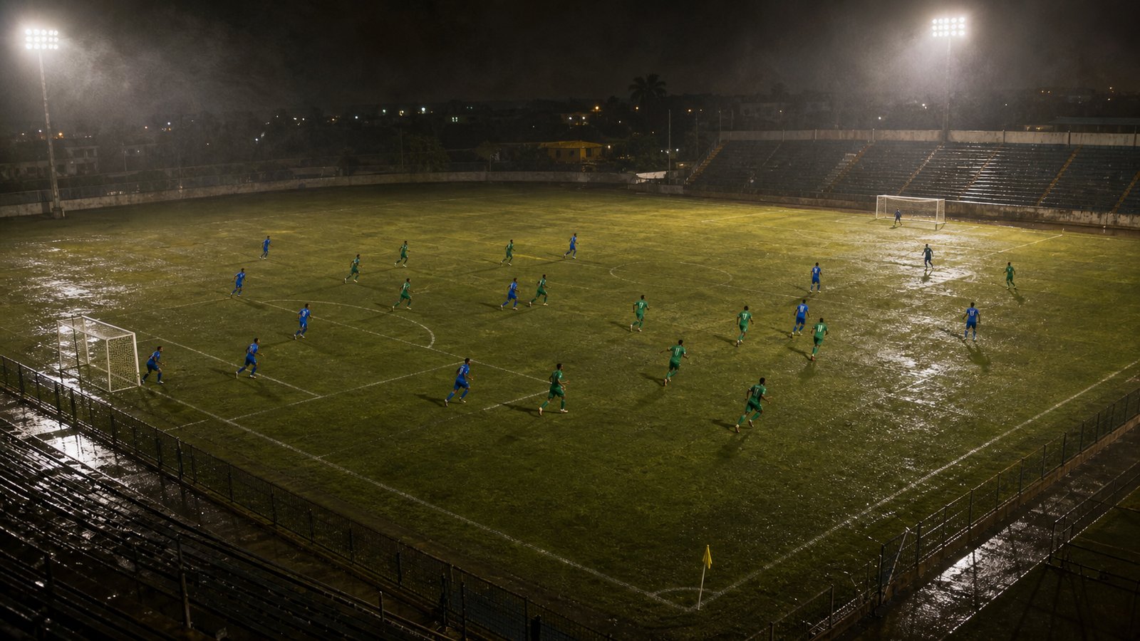 Players in plain blue and green kits reverse direction during a tense Caribbean stadium match