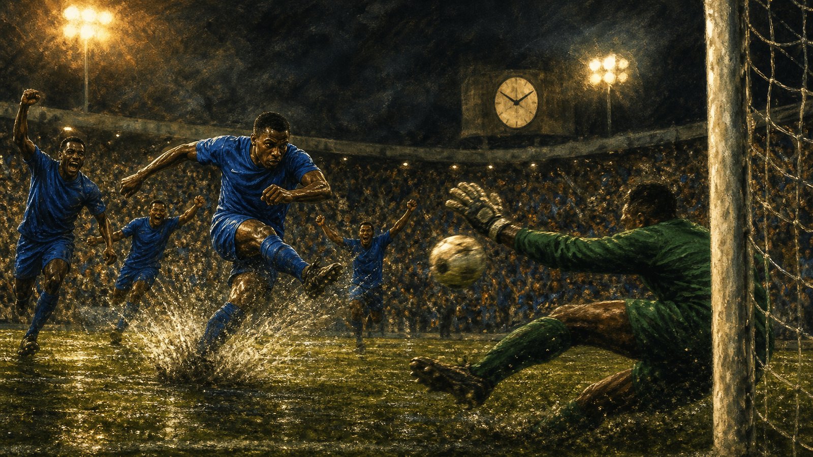 A striker shoots in extra time under floodlights as defenders close across the penalty area