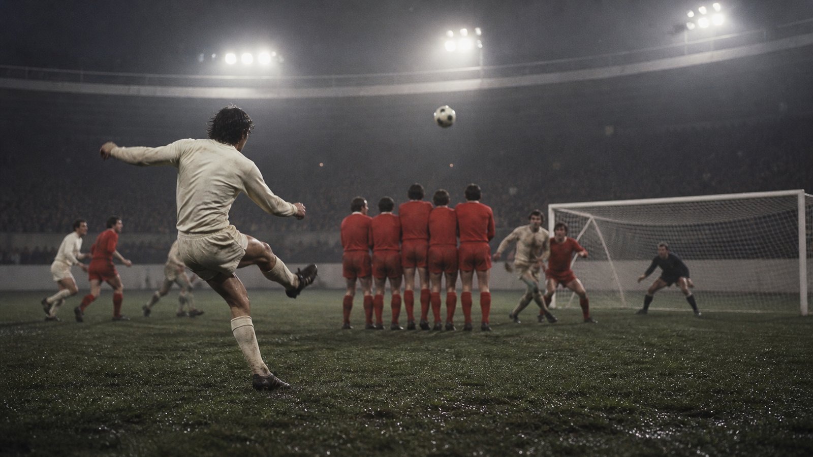 An anonymous Atlético-style player striking a late free kick toward goal under Brussels floodlights in a generic 1974 European final