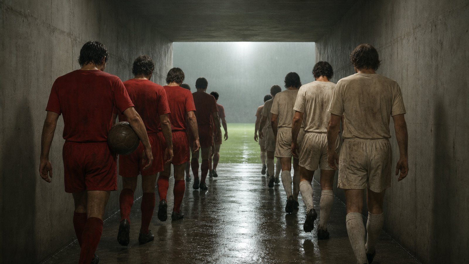 Anonymous exhausted red and striped football teams returning through a blank stadium tunnel for a European final replay two days later