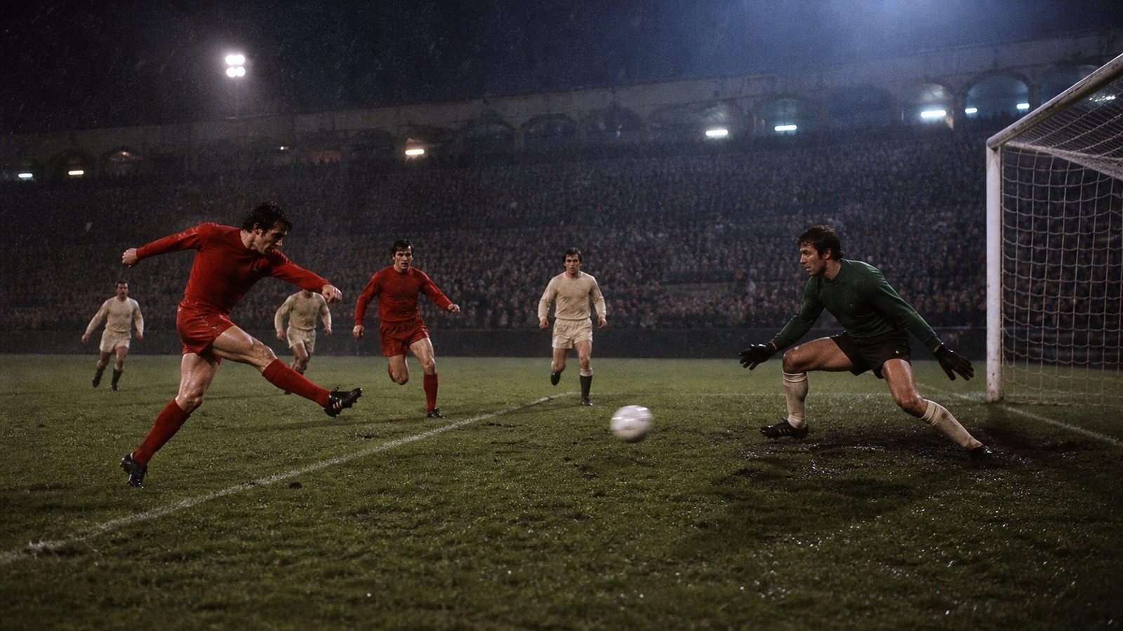 Two anonymous Bayern-style forwards breaking through a generic red-and-white defence during the decisive 1974 replay