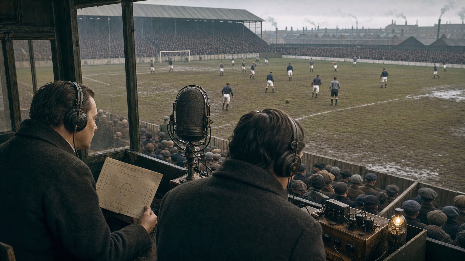 A 1927 football commentator speaks into an early microphone beside a packed English terrace