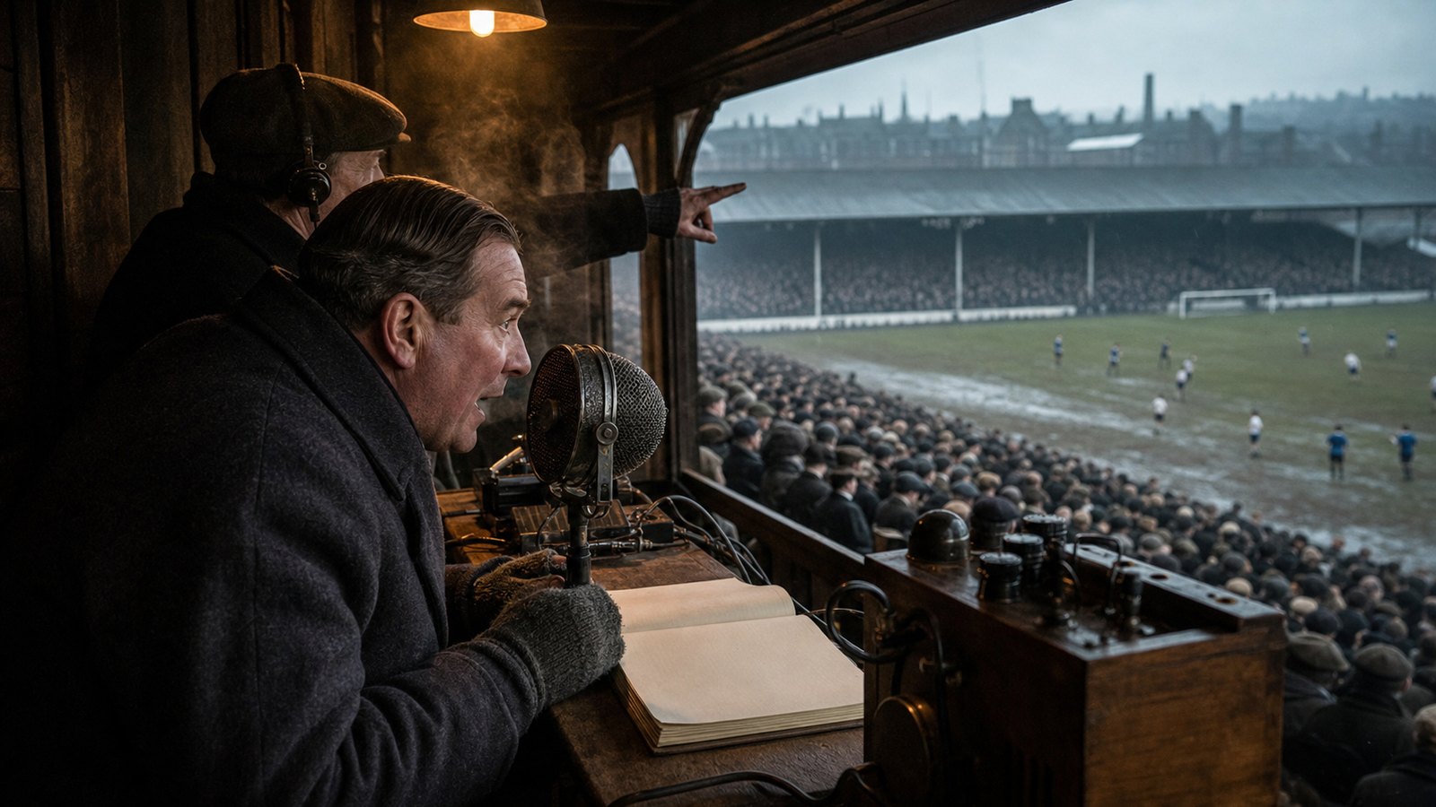 A 1927 football commentator speaking into an early BBC microphone inside a small wooden hut