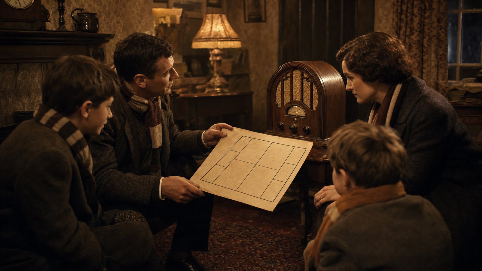 A family in a 1927 sitting room following football on a valve radio with a numbered pitch diagram