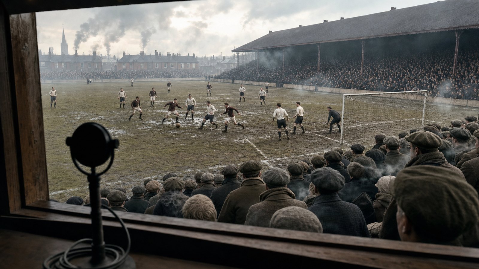 A packed Highbury-style terrace in 1927 seen beyond an early radio commentary hut