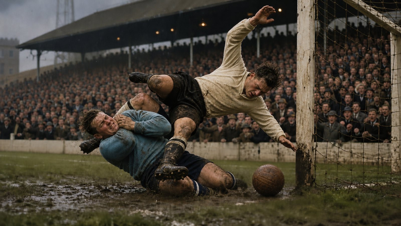 Goalkeeper and forward colliding in a muddy 1950s cup-final penalty area