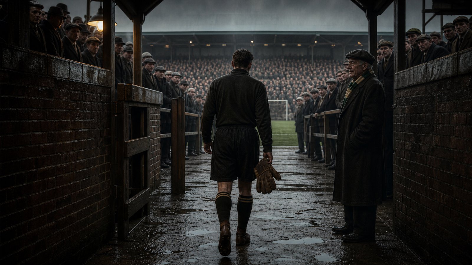 Goalkeeper walking through a late-1940s stadium tunnel under intense crowd scrutiny