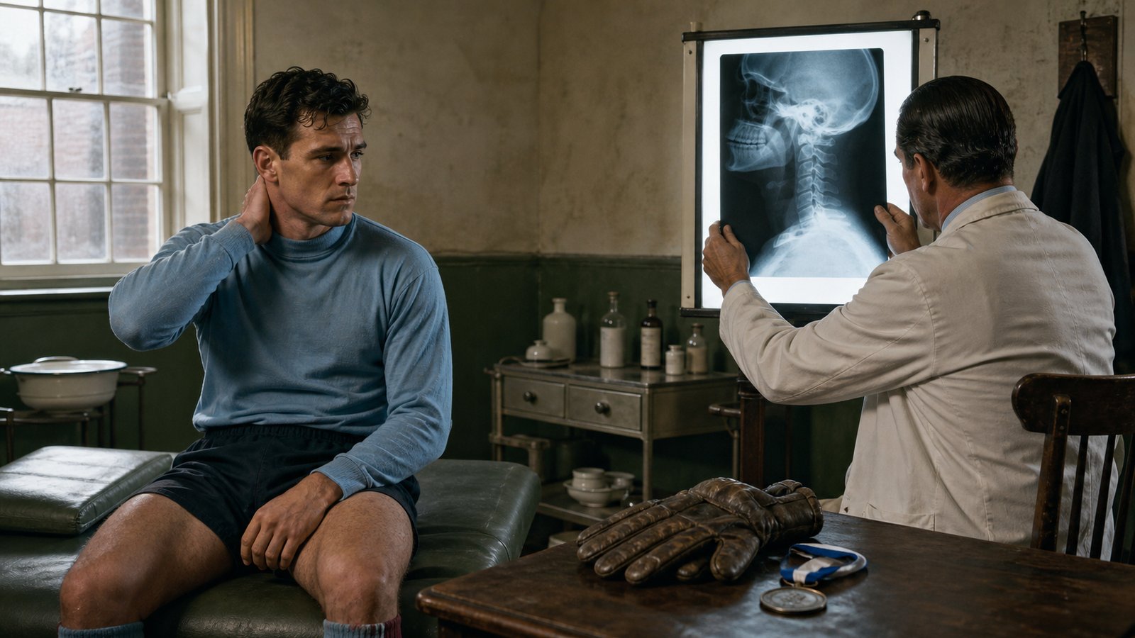 Injured goalkeeper supporting his neck while a doctor studies a cervical X-ray