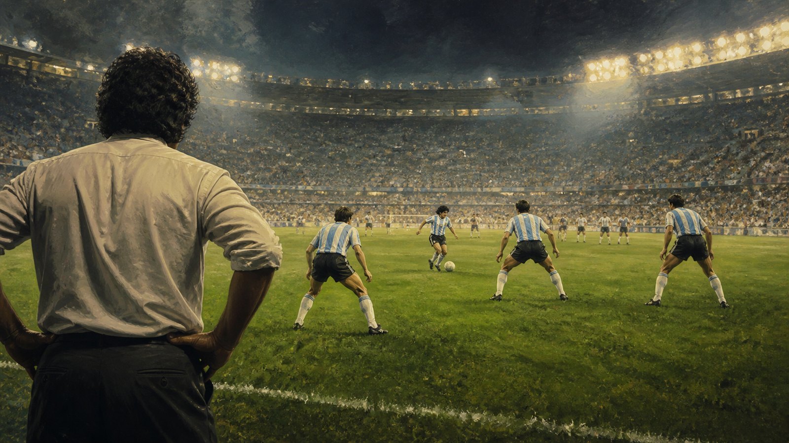 A fictional Argentine coach arranging a three-defender shape around a free number ten at Mexico 1986