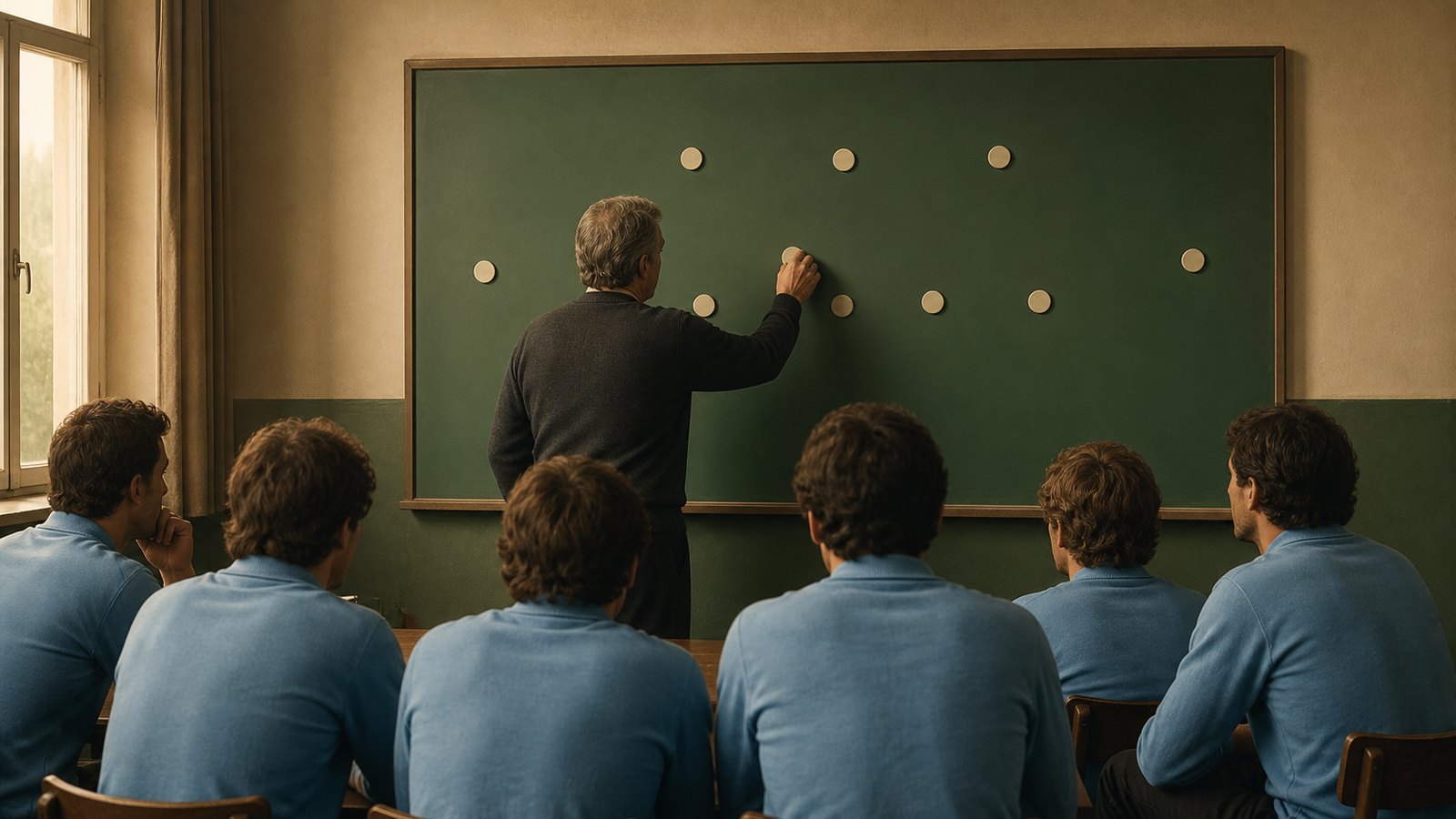 Carlos Bilardo arranging three generic defenders and five midfield markers on a blank tactics board before Mexico 1986