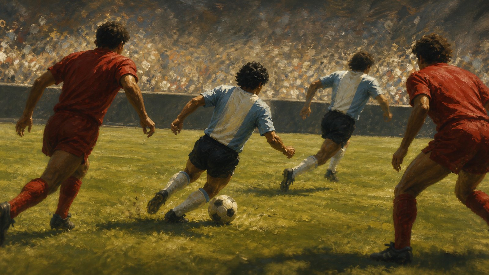 A generic Argentina-inspired number ten breaking from midfield against England-inspired defenders at the Azteca in 1986