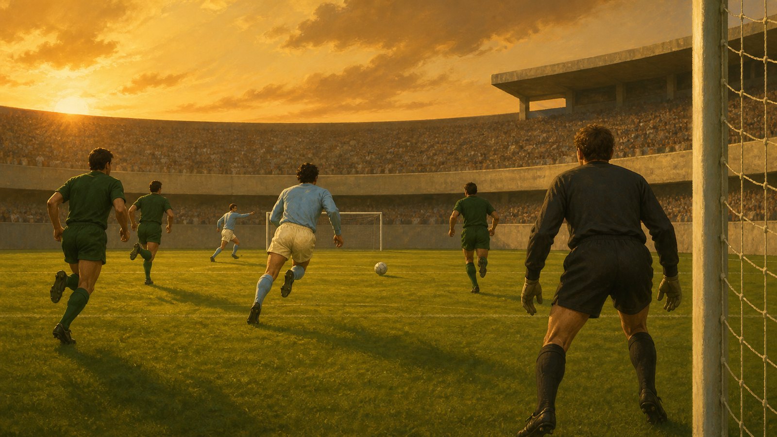 A generic deep-running midfielder reaching a through ball in the 1986 World Cup final under Azteca floodlights