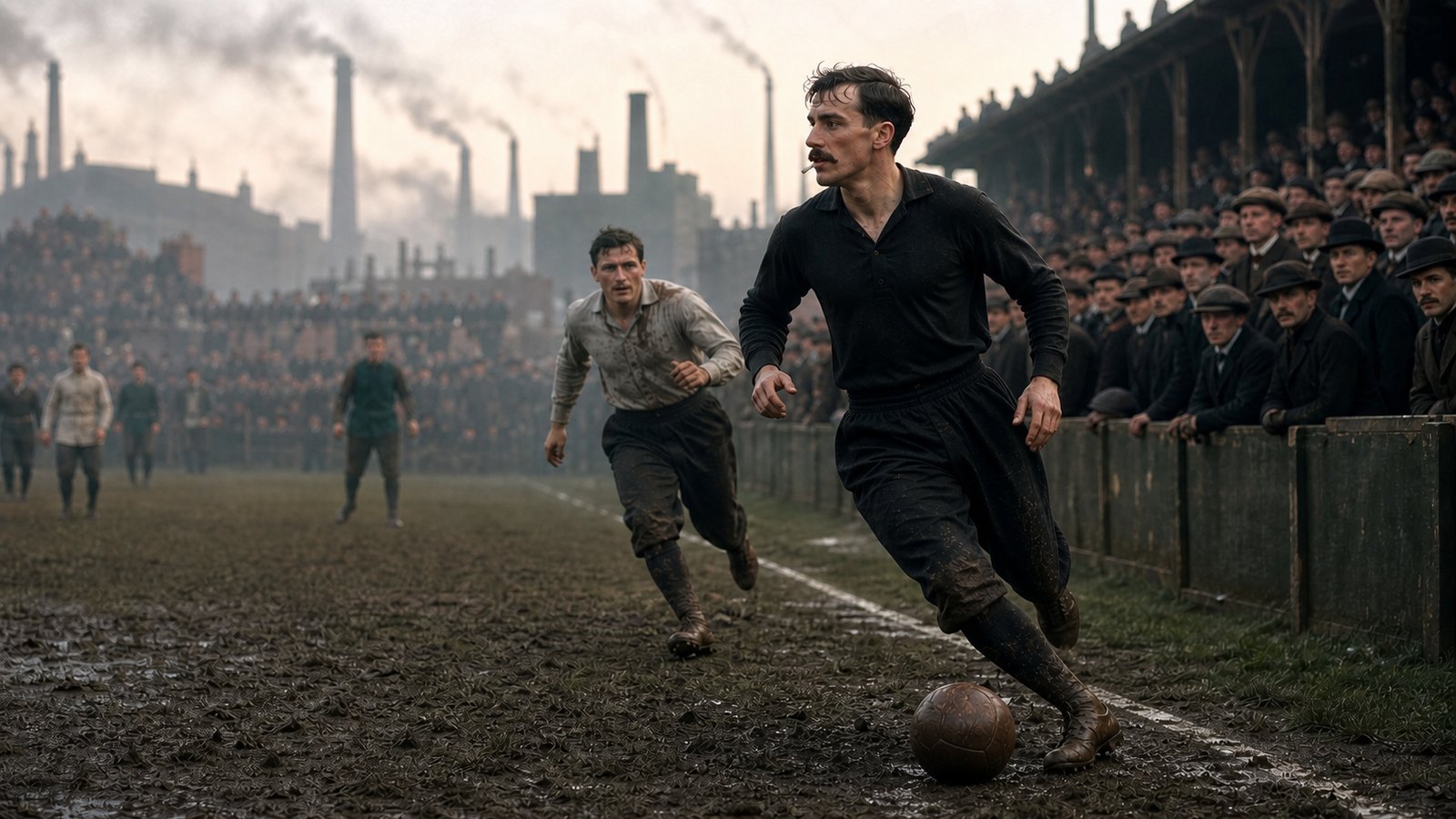 An early football winger carries the ball along a muddy touchline before a packed industrial-city terrace