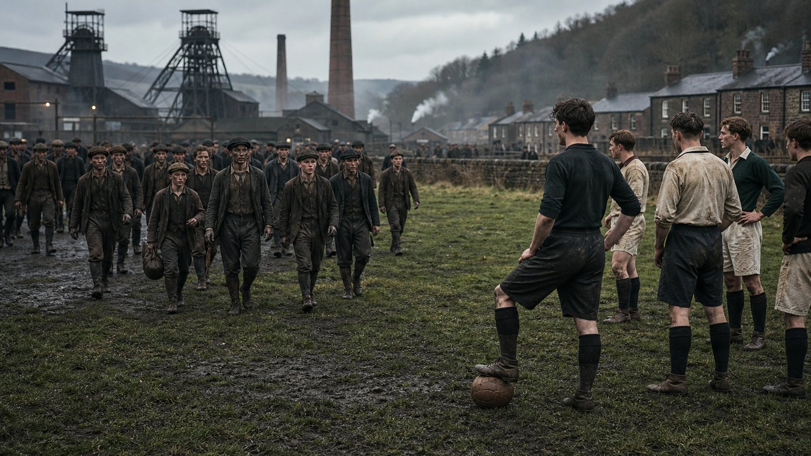 Coal miners in late nineteenth-century Chirk hurry toward a football field after their shift