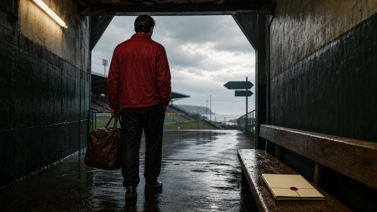 A fictional early-1990s footballer carries a kit bag through a rain-darkened stadium tunnel toward a blocked move