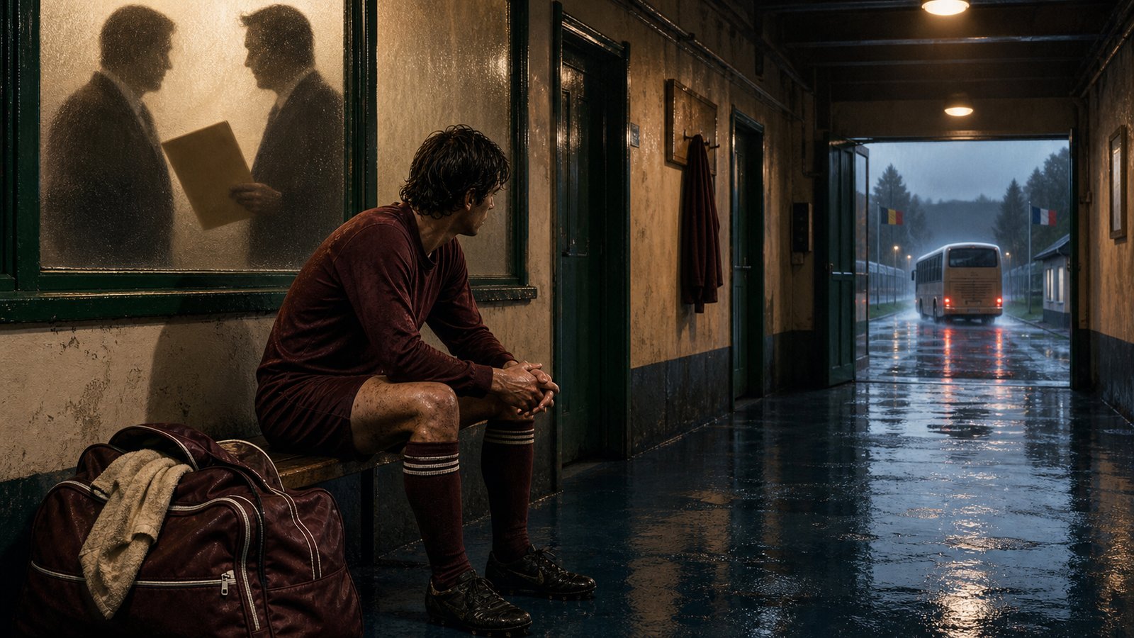 A fictional Belgian midfielder waits beside a rain-darkened early-1990s stadium corridor with a packed kit bag and unsigned transfer papers