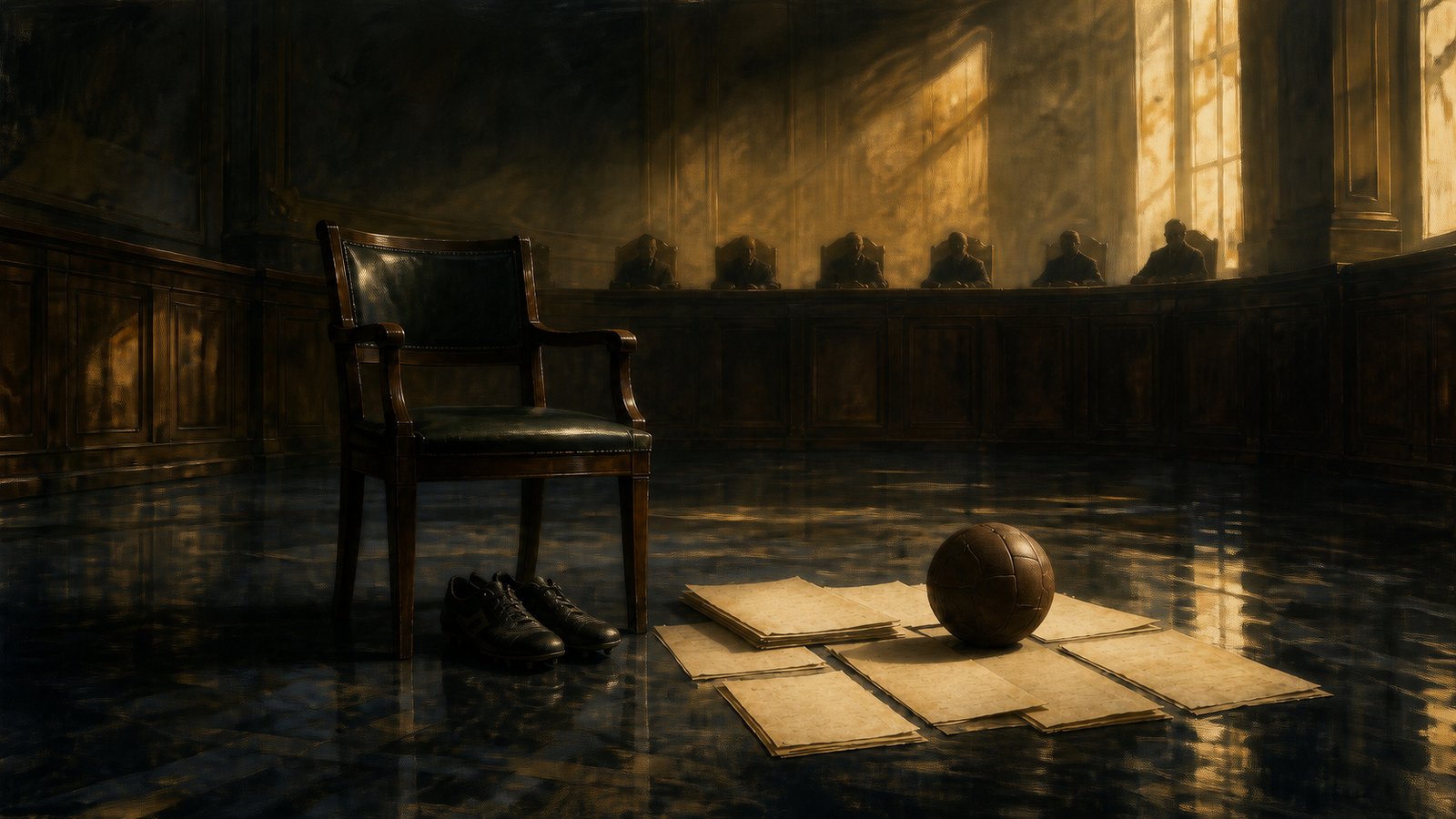 A wide editorial courtroom scene in Luxembourg with football registration papers on a wooden table and an empty player's chair