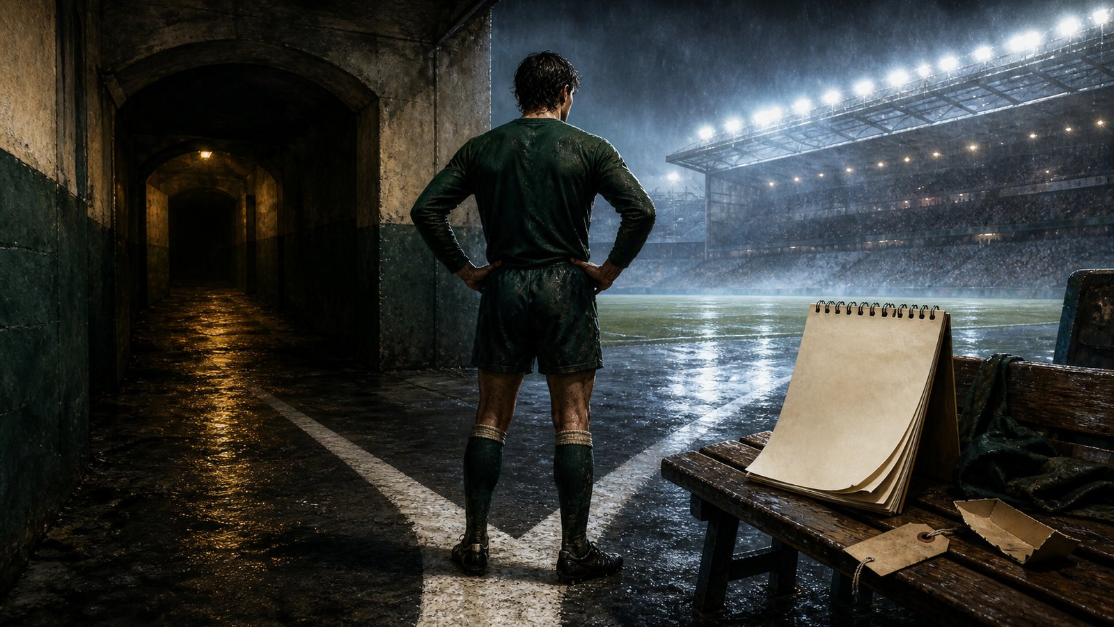 A fictional out-of-contract footballer stands at a fork between two stadium tunnels while a contract calendar reaches its final page