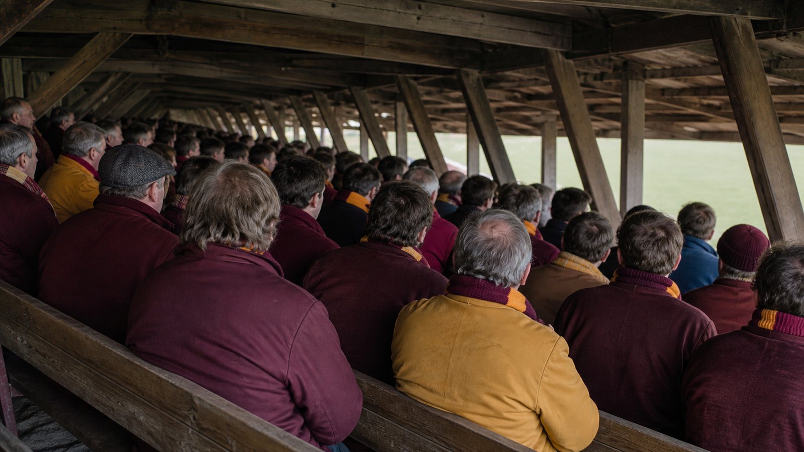 A fictional 1980s football crowd in a plain wooden stand on a bright afternoon before a match