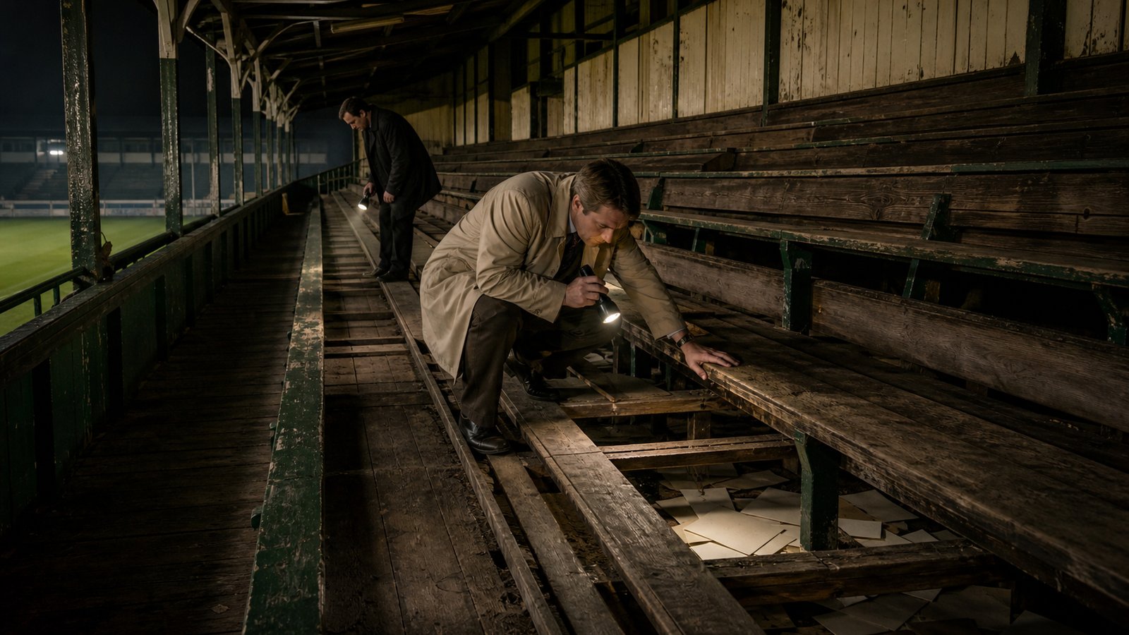 An empty fictional old football stand showing timber seats and debris beneath them during a safety inspection