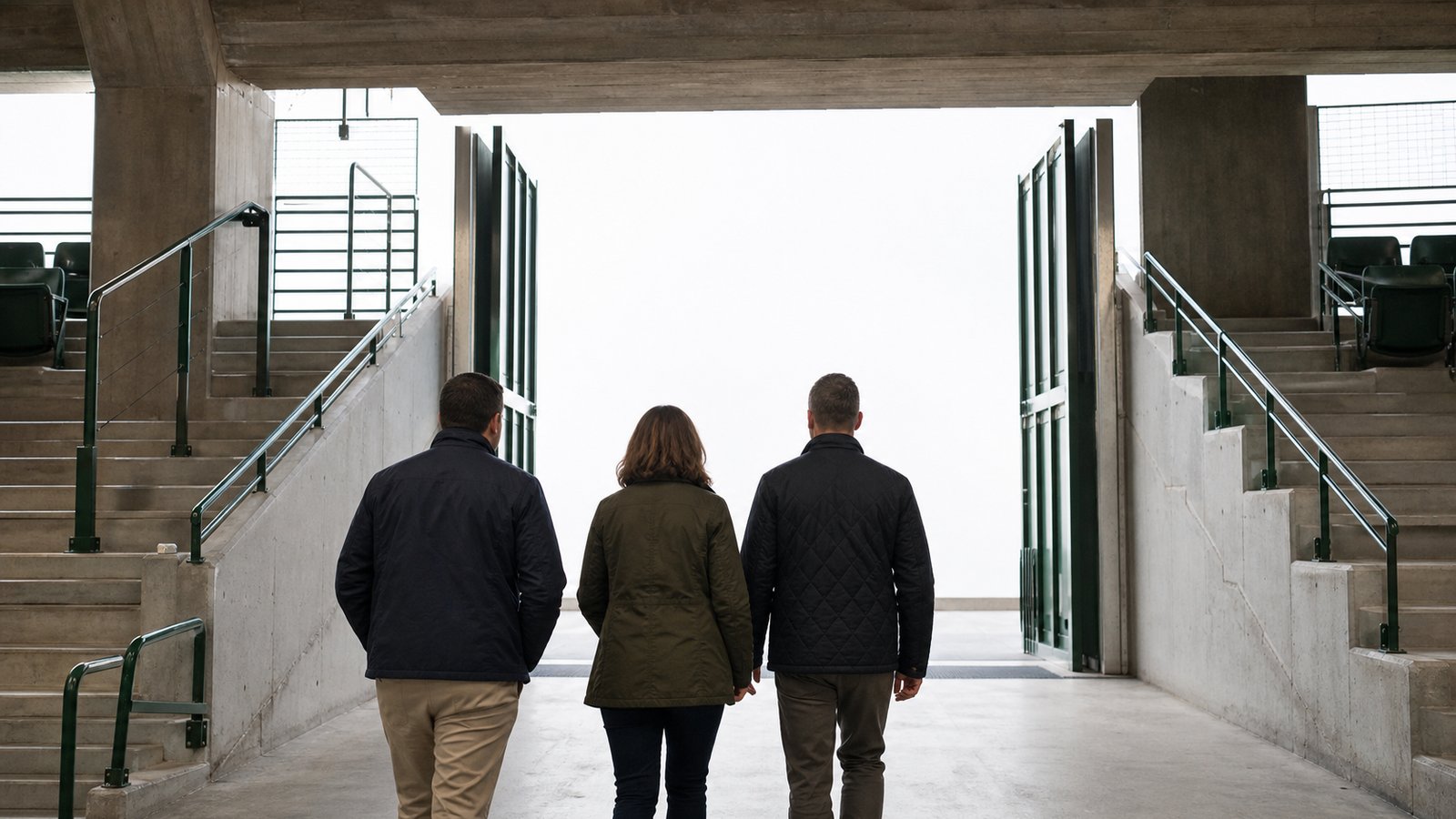 A fictional stadium safety team inspecting wide exit gates in a rebuilt concrete football stand