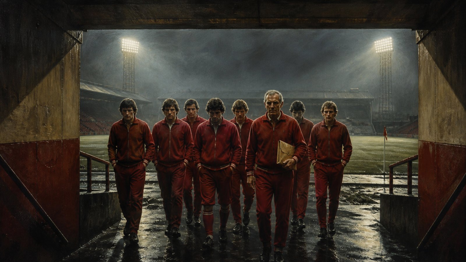 The Ashton Gate Eight walking together toward the Bristol City pitch in February 1982