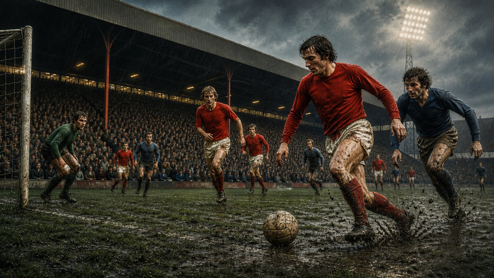 Bristol City players competing in a late-1970s English top-flight match at Ashton Gate