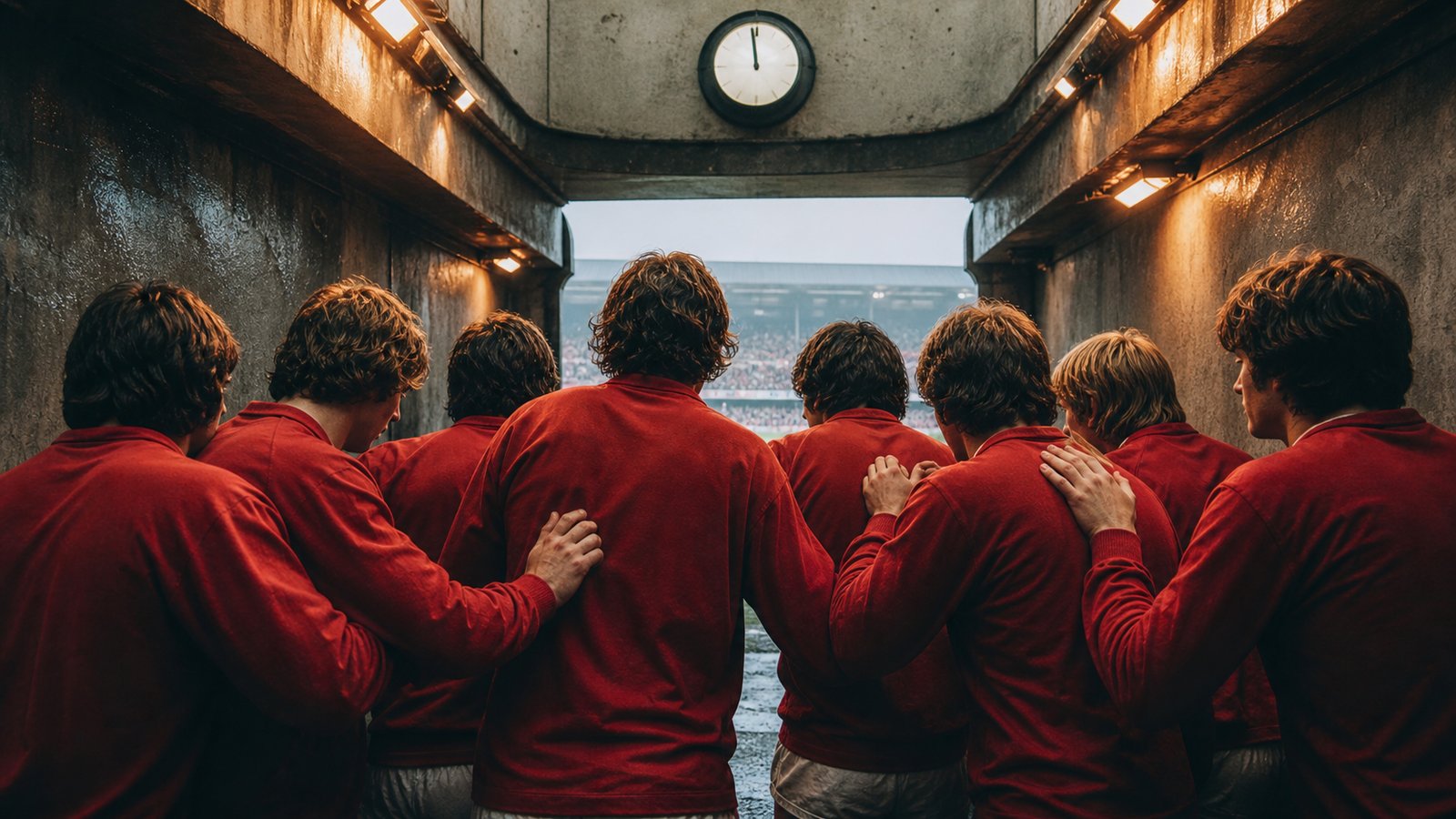 Eight Bristol City players walking together through the Ashton Gate tunnel in February 1982