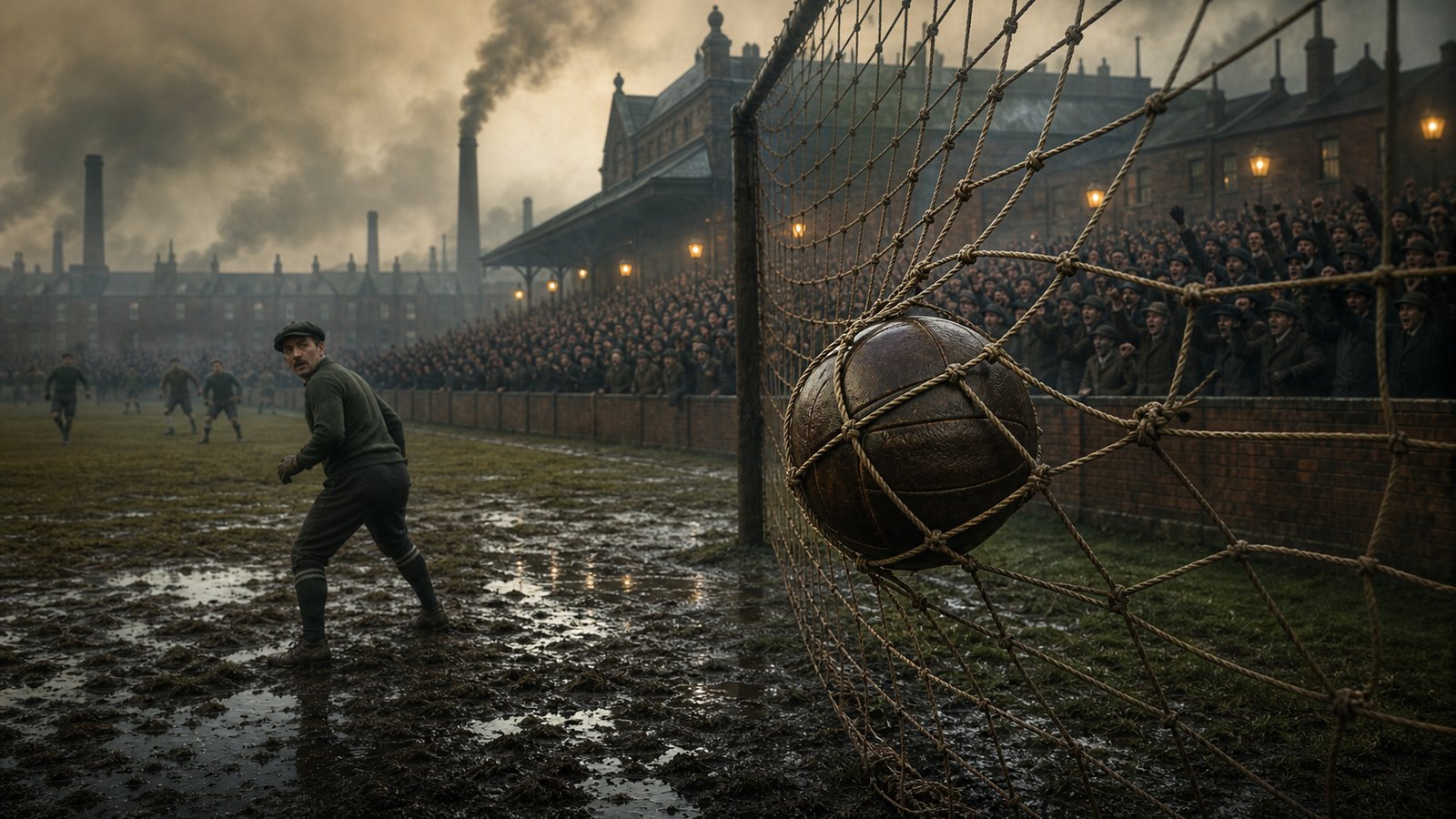 A leather football caught in a new rope goal net at a generic late-Victorian ground