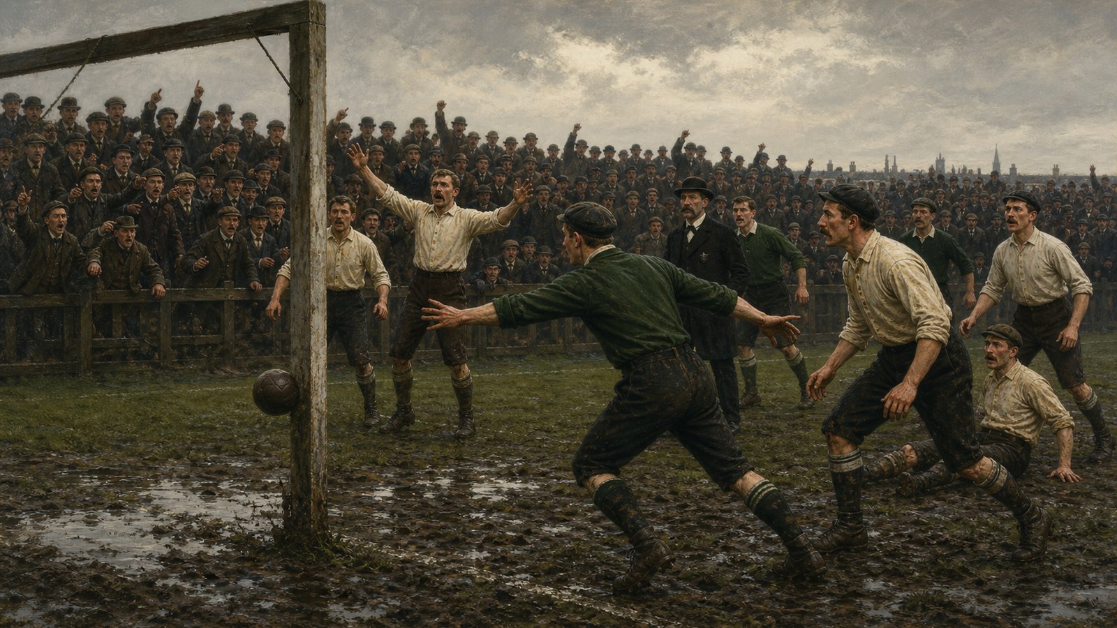 A disputed shot passing an open Victorian goal frame as an official watches from an uncertain angle