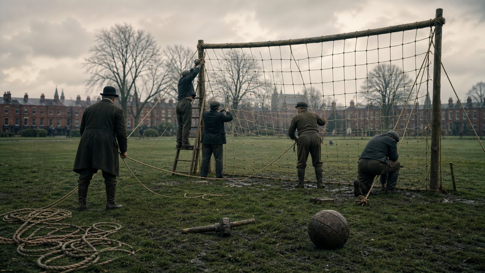 A Victorian engineer testing a deep rope goal net on a muddy Liverpool football ground