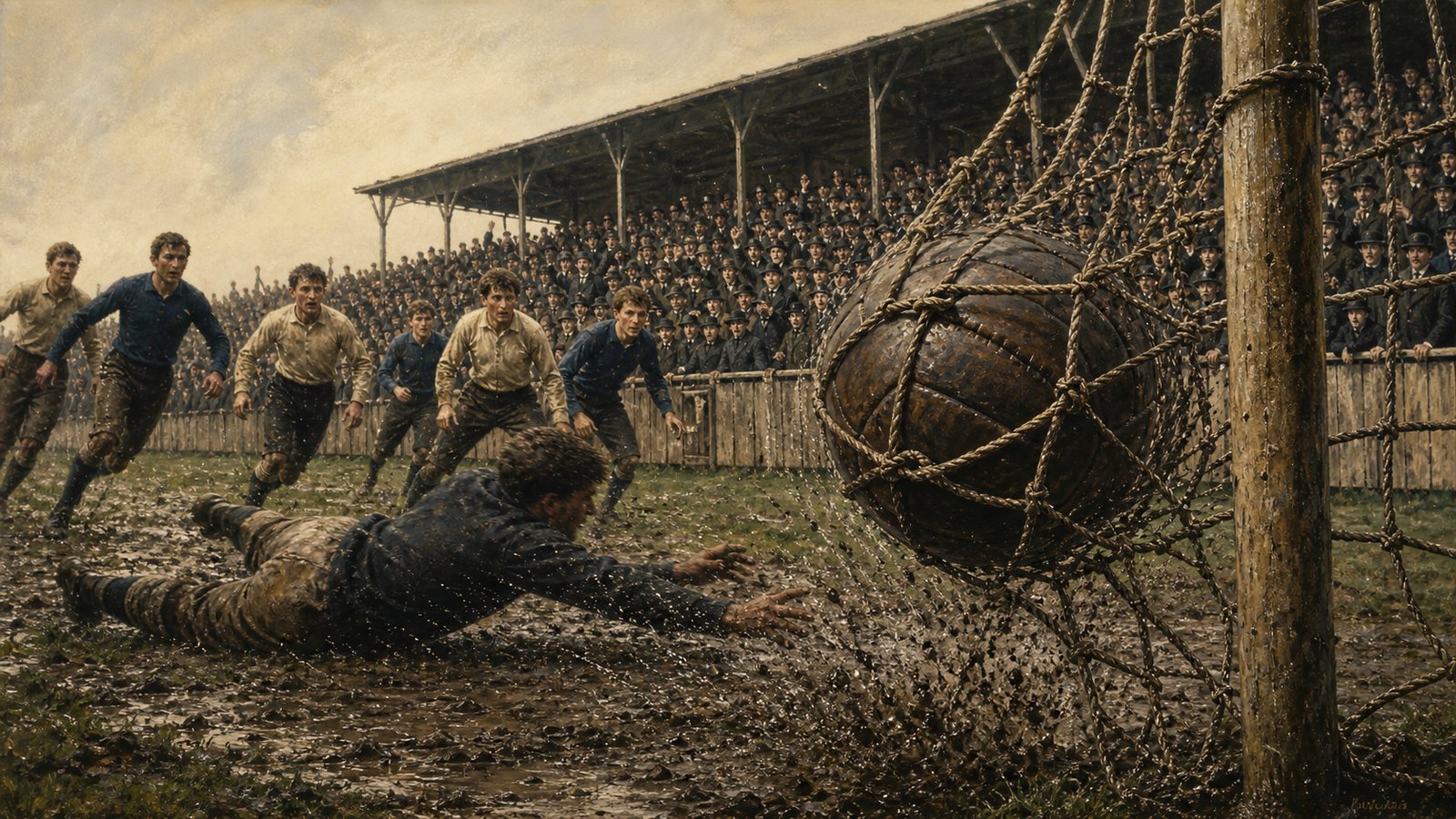 A late nineteenth-century football striking a newly installed rope net before a packed generic terrace