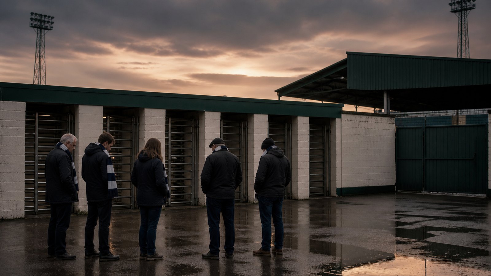 Worried Bury supporters stand before closed turnstiles after rain