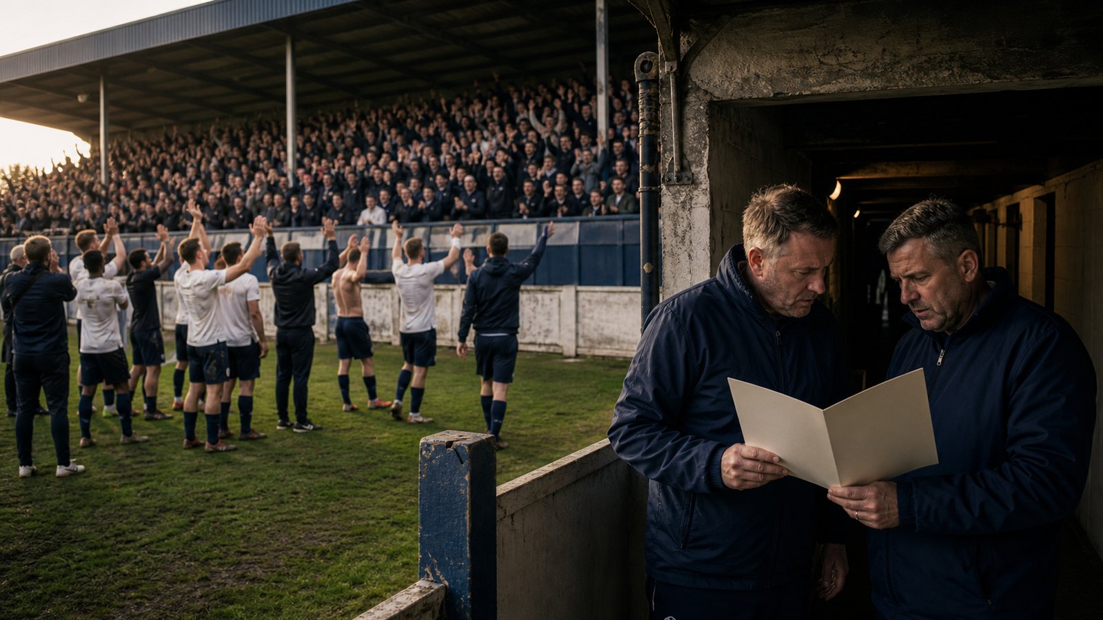 A lower-league football promotion celebration shadowed by worried staff near the tunnel
