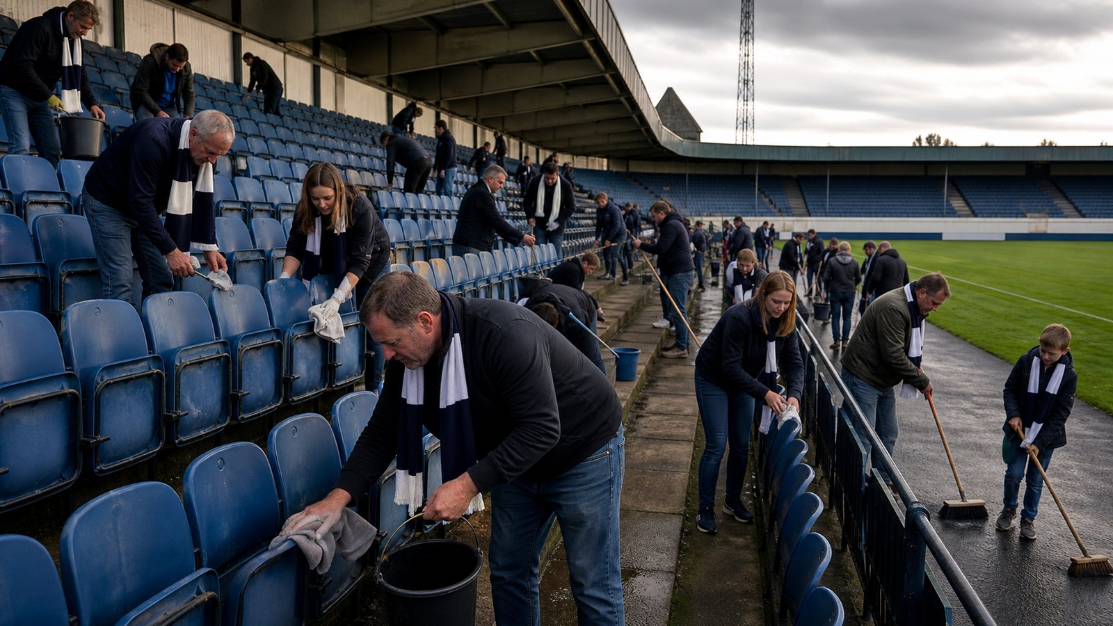 Supporters volunteering to prepare an old English football ground before a postponed fixture
