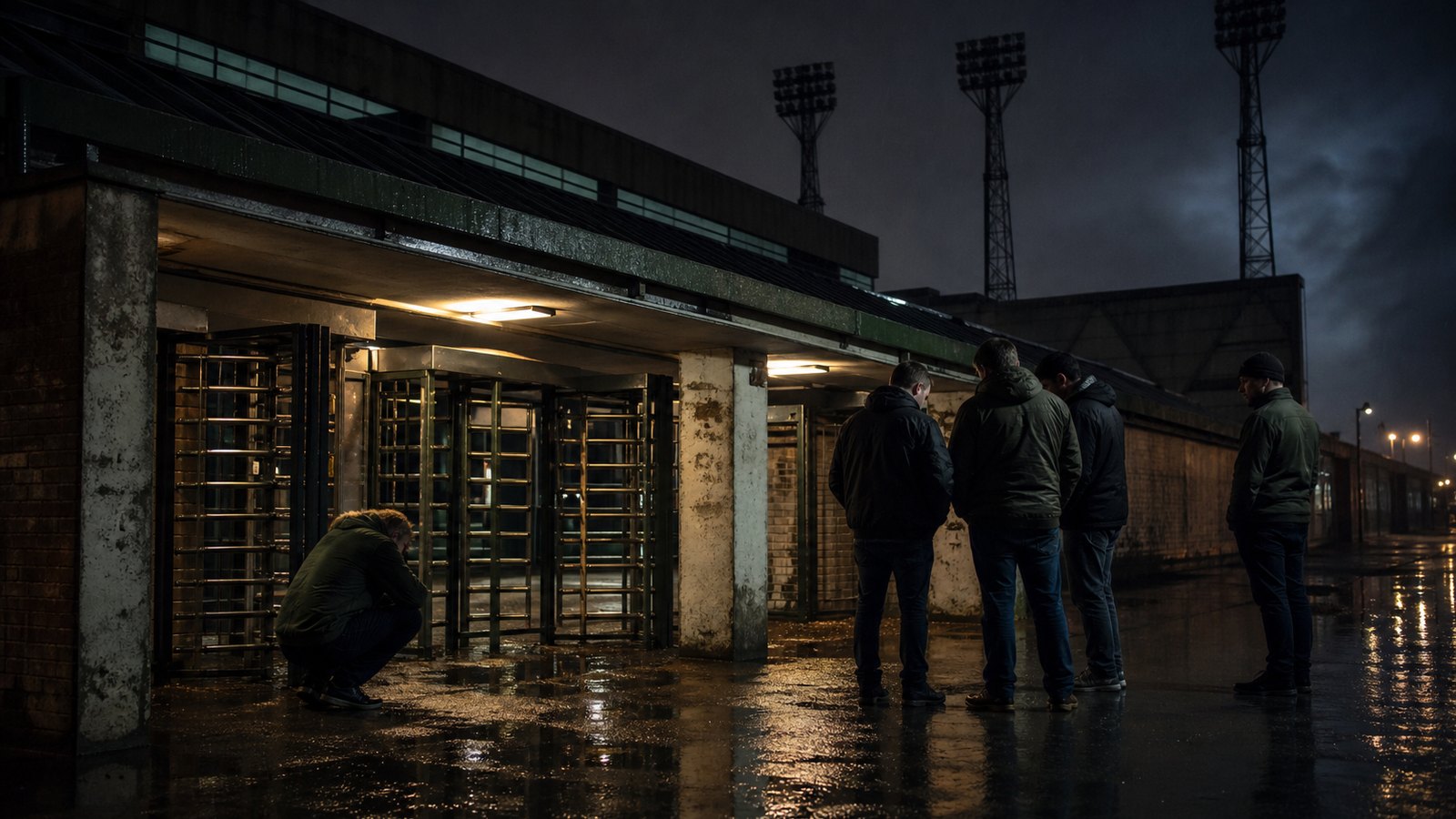 Closed football turnstiles beneath dark floodlights after a late-night league deadline