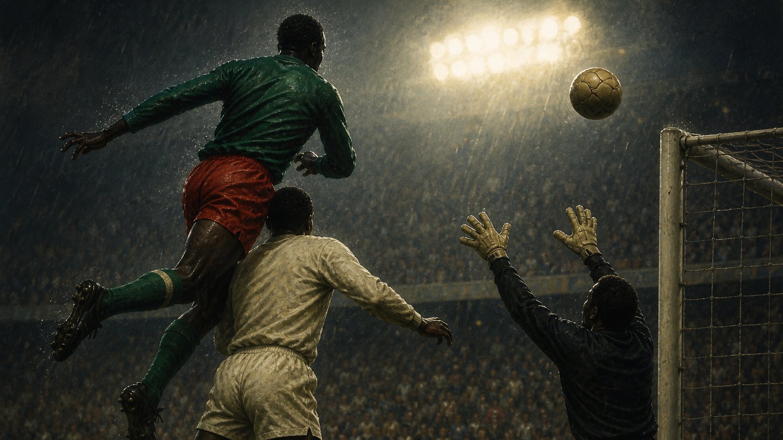 Francois Omam-Biyik rising for Cameroon's decisive header against Argentina