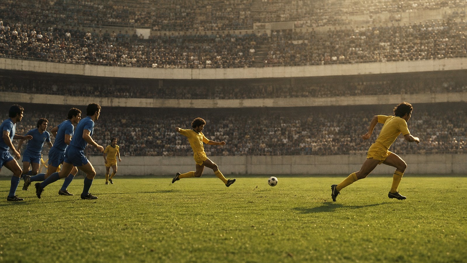 A Brazilian right-back arrives from open space to strike across goal in a 1970 stadium