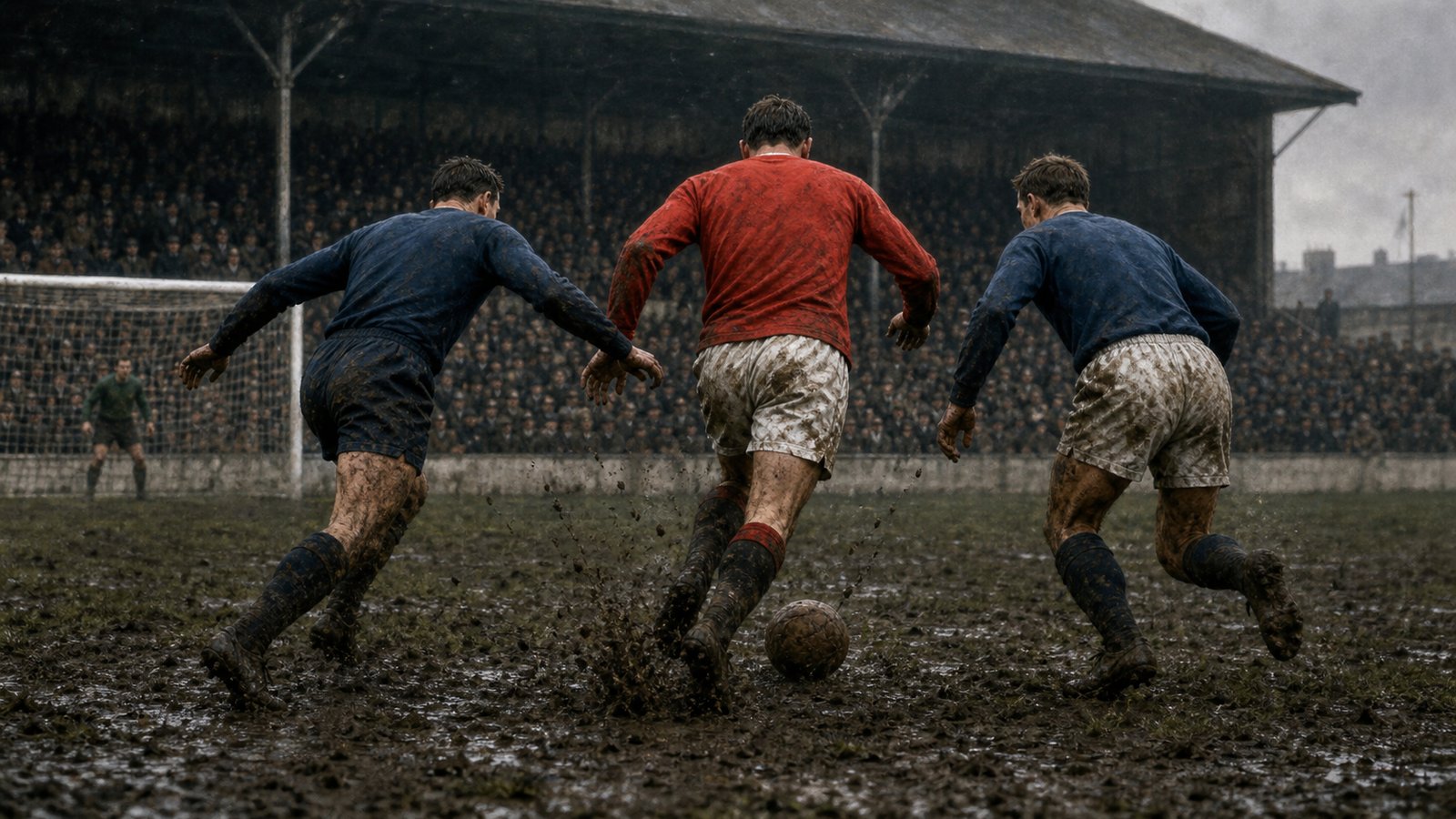 Ten-man Charlton attacking Huddersfield on a muddy pitch at The Valley in 1957
