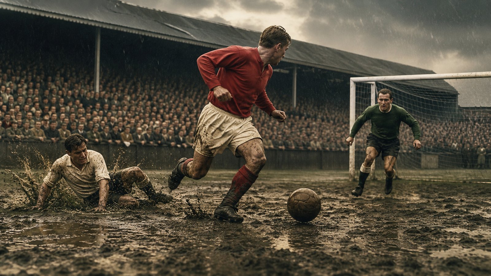Johnny Ryan chasing the last attack as a defender slips on the muddy pitch