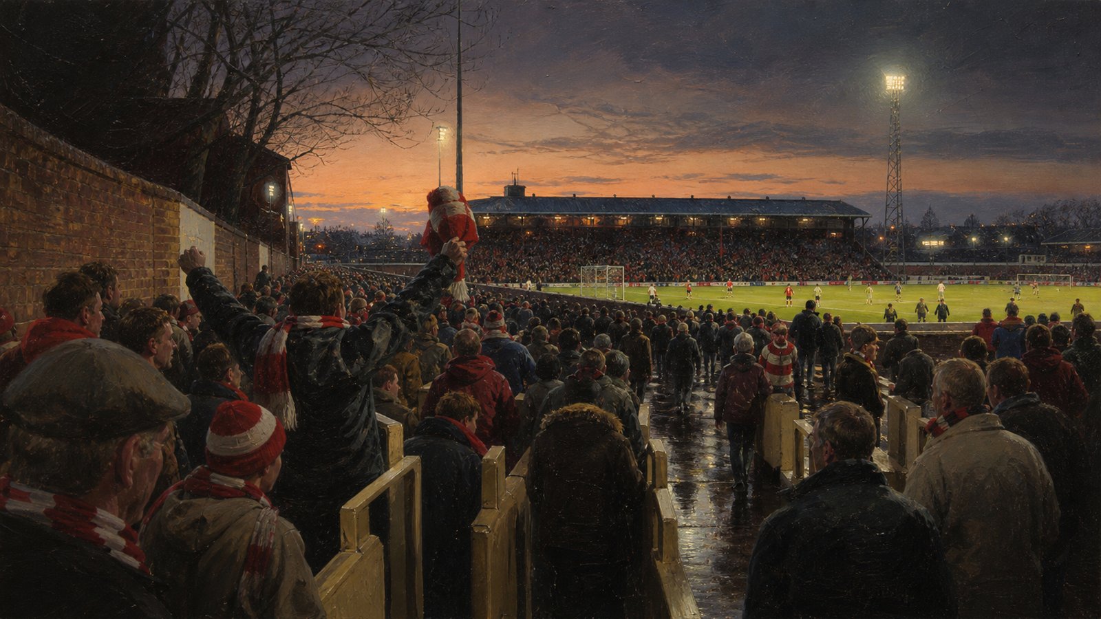 Charlton supporters approach a glowing fictional south London football ground after seven years away