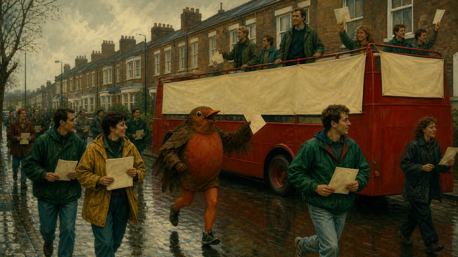 Supporters campaigning beside a Vote Valley bus in Greenwich in 1990