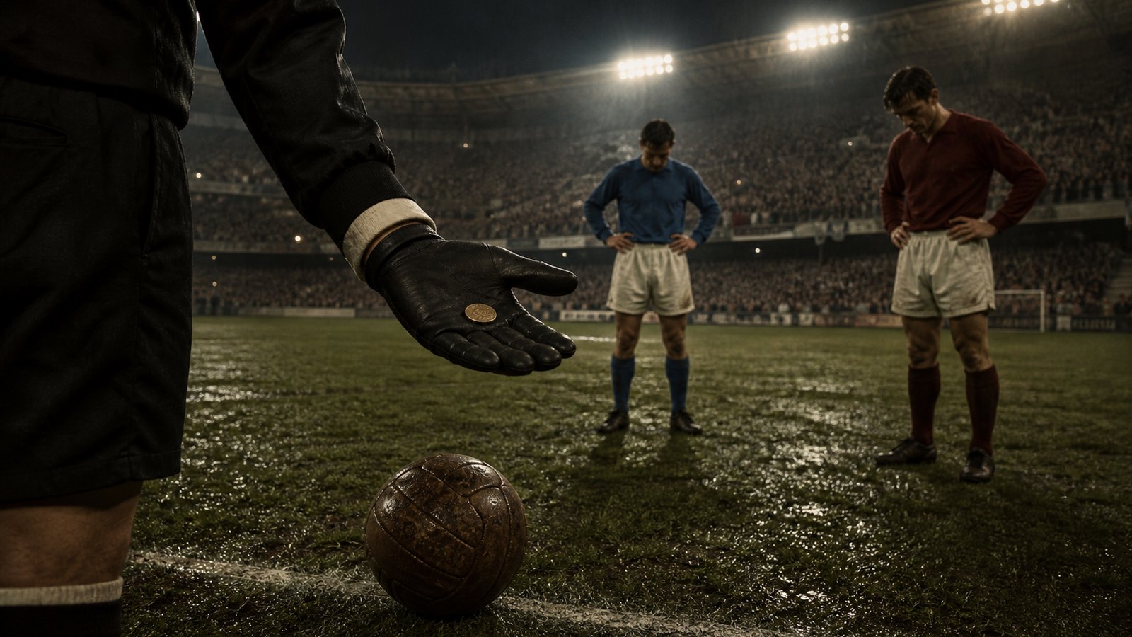 A period referee holds a coin above a resting leather football after a scoreless 1968 European semi-final
