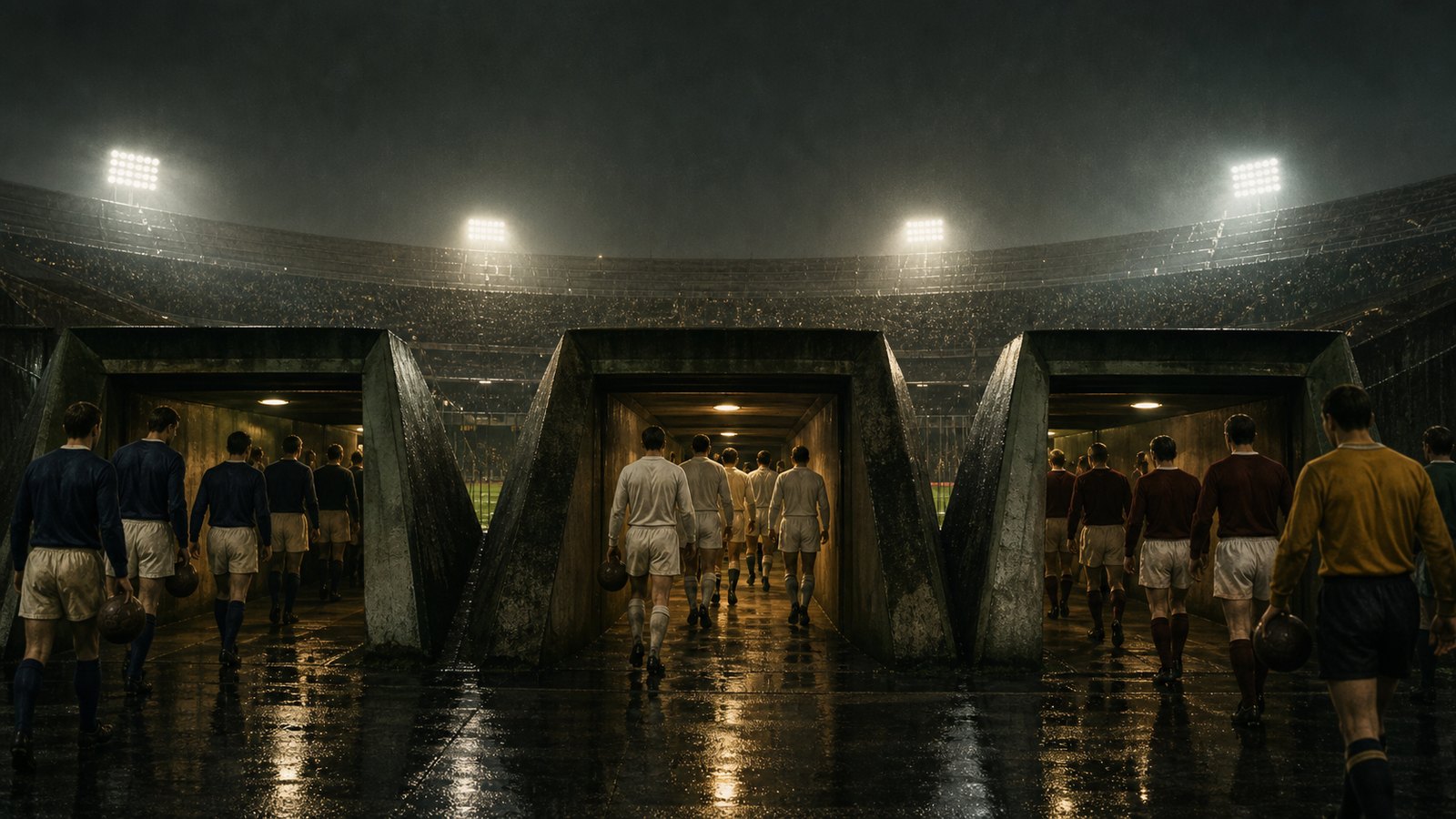 Four fictional 1968 European finalist squads arrive beneath the floodlights of three generic Italian stadiums