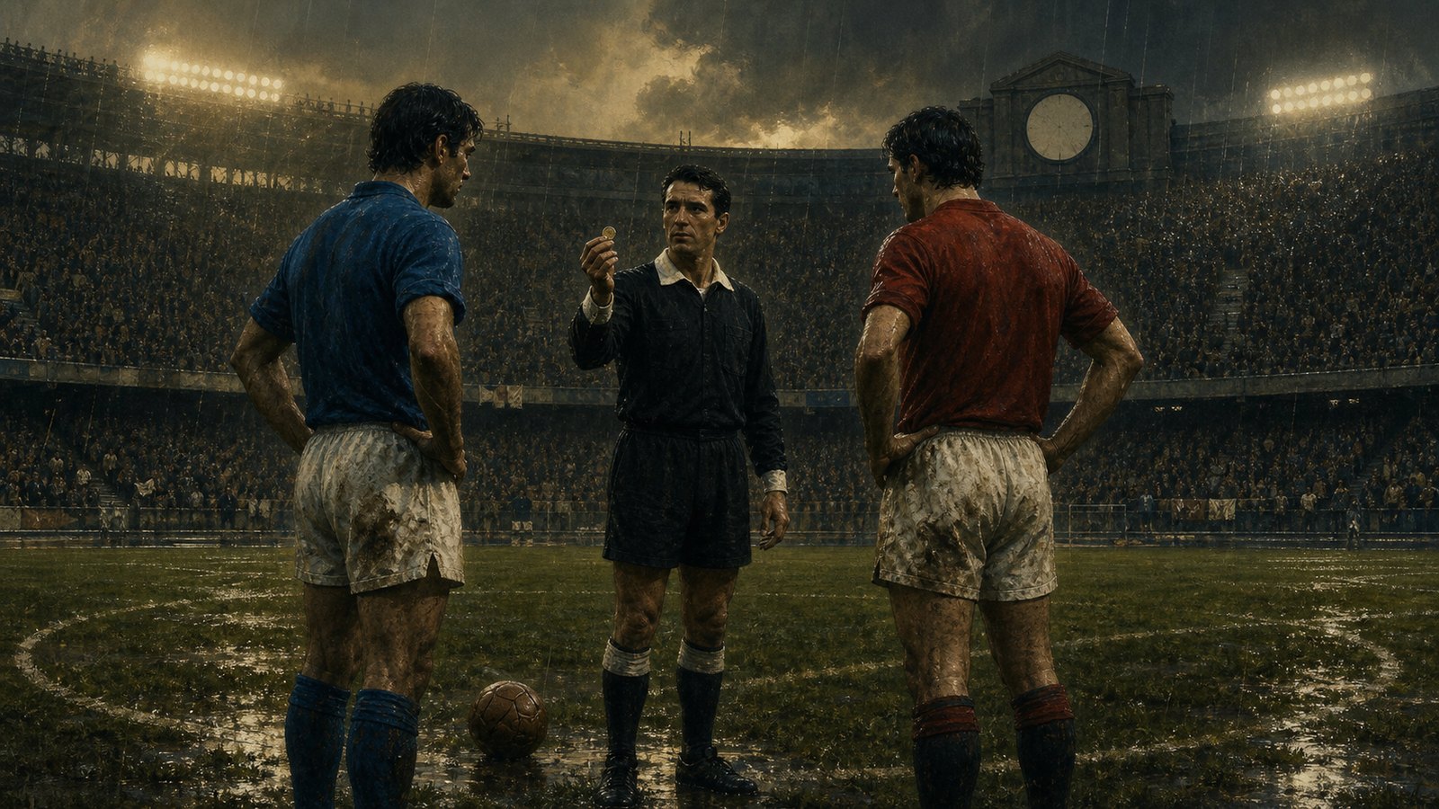 A period referee holds a small coin beside a resting leather football after a scoreless extra-time match in Naples