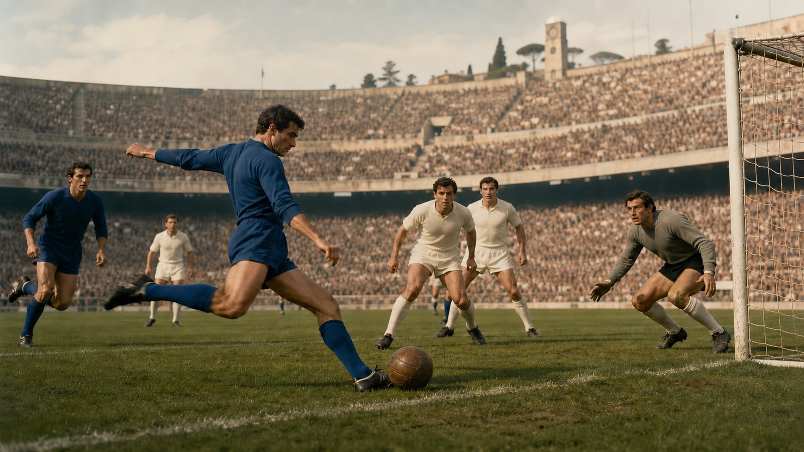 A fictional 1968 Italian forward strikes toward goal during a final replay in a packed generic Rome stadium