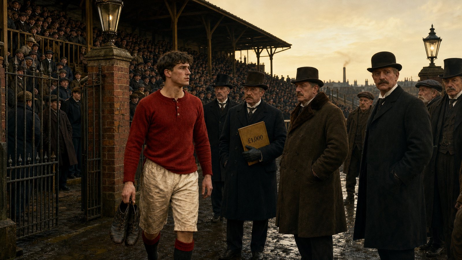 A fictional 1961 footballer-union leader stands outside a London government building with players behind him
