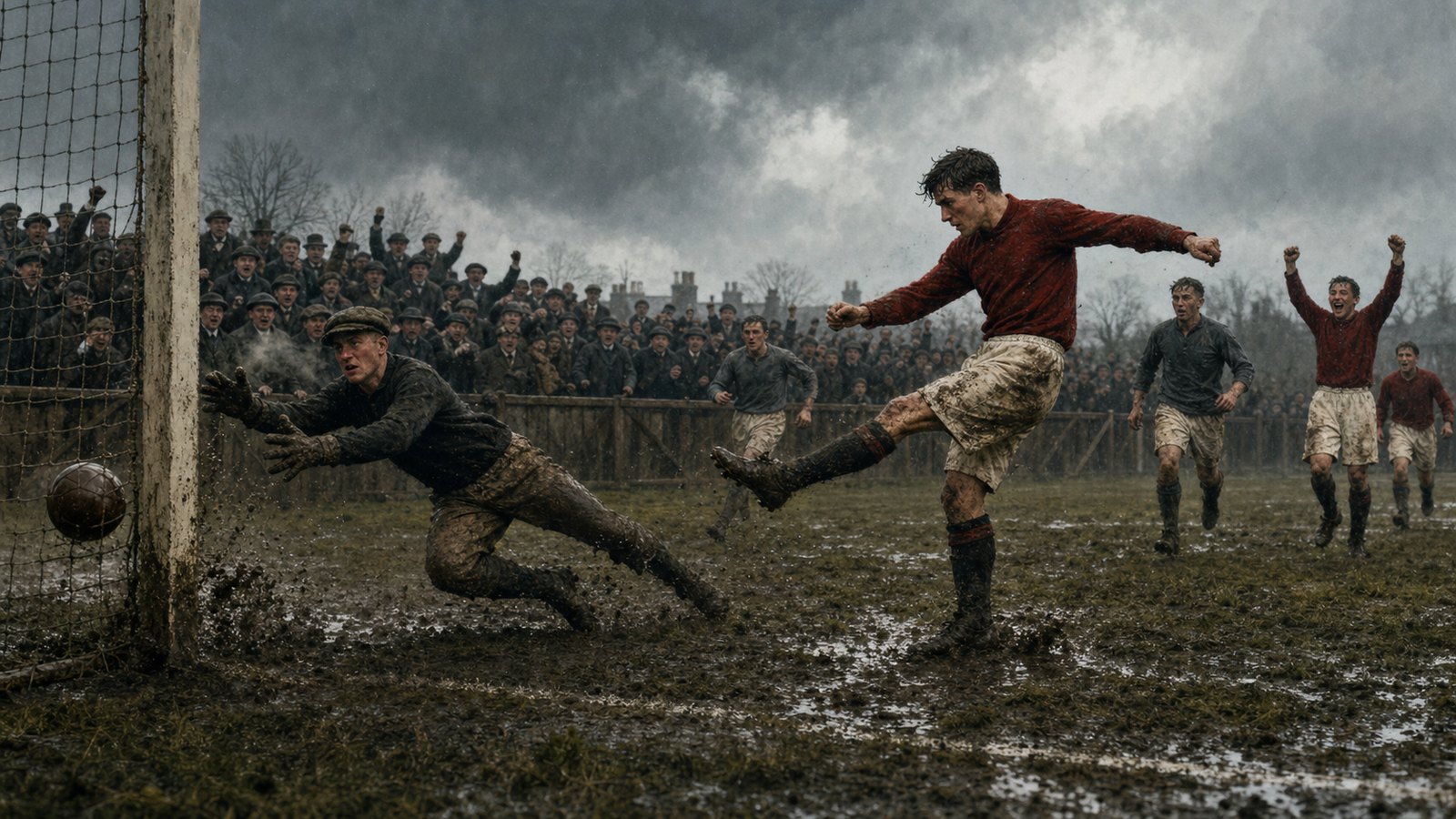 A generic 1905 Middlesbrough forward scores the only goal on a muddy away ground