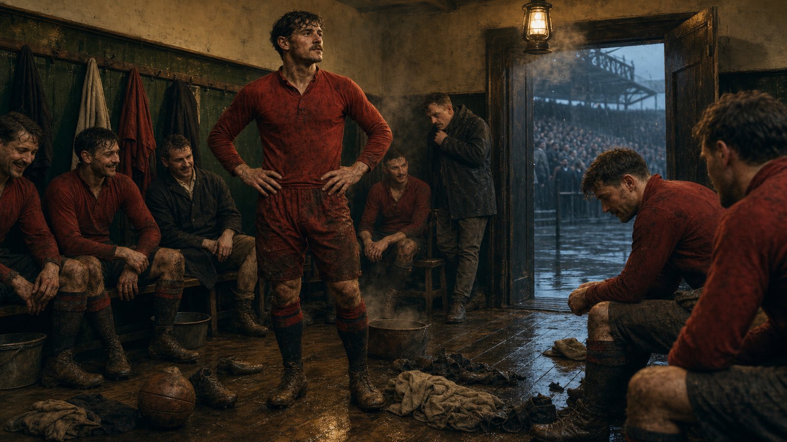 A fictional early Edwardian football forward stands inside a crowded Ayresome Park dressing room