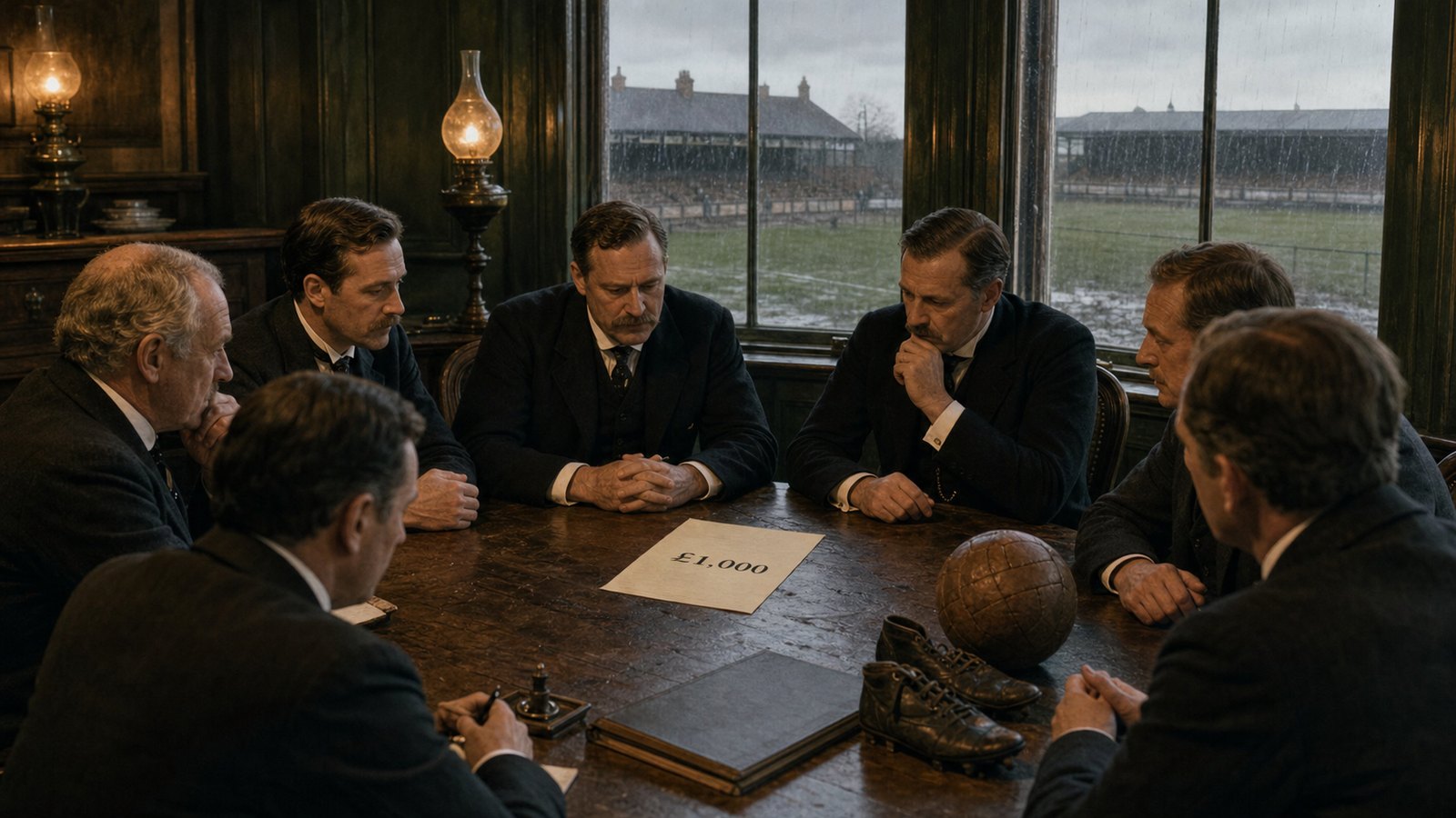 Edwardian football directors debate a four-figure transfer around a wooden boardroom table